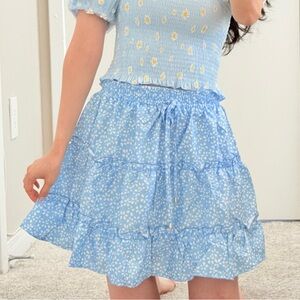 #011 | Floral Boho Tiered Mini Skirt | Light Blue | S/M | Banded Waist